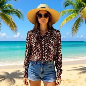 OLIVER BONAS Women Size 8 Button Up Shirt Animal Print Longsleeve Summer Beach